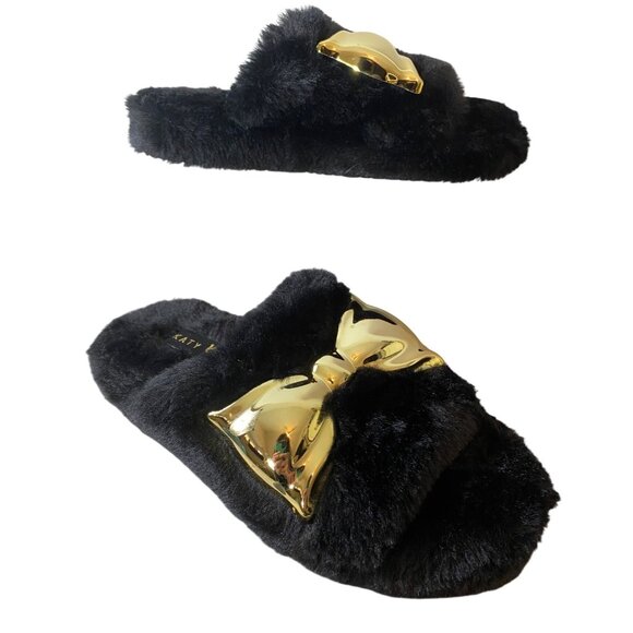Katy Perry Faux Fur Black Slippers With Gold Bow Comfy Slip-On Shoes Size 6 - Picture 2 of 10